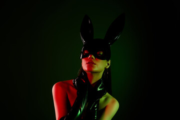 Photo of attractive lady perform touch neck feel pleasure wear bunny leather costume isolated on...