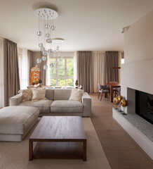 Minimalist living room with a light sofa, a coffee table and a fireplace. Behind it is a bright window overlooking the garden.