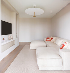 TV room with a light comfortable sofa on the right and the TV hanging on the left wall. Light room, copy space.