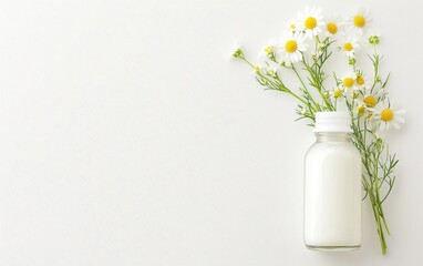 A serene composition featuring a bottle of milk alongside fresh chamomile flowers, perfect for health and wellness themes.