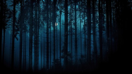 Obraz premium A dark, eerie forest illuminated by moonlight with tall, thin trees creating a mysterious atmosphere.