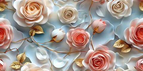 Seamless 3D White, Pink, and Red Cherry Blossom Flowers in Branches on a Light Background. Abstract Floral 3D Landscape Wall Sticker. Hd Seamless Magnolia, Frangipani, Rose Flower Wallpaper.