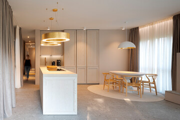 Interior of modern flat with open kitchen, large and very cosy space.