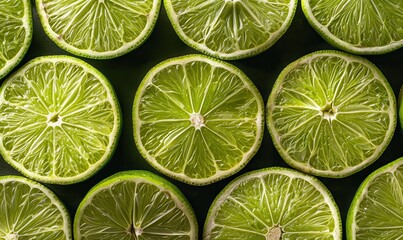 Green limes and lime halves on a green background.