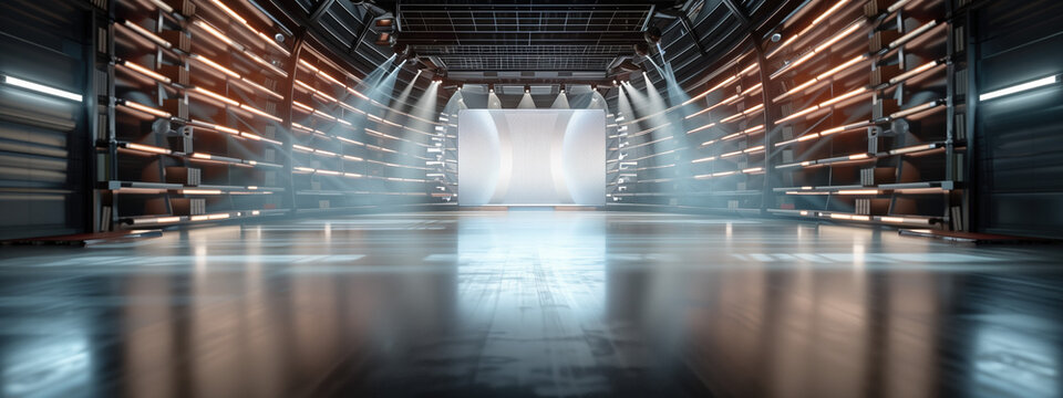 Modern Virtual Studio with Books Stacked on Stage Sides and a Curved Acrylic Sheet Backdrop