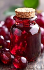 A small glass bottle filled with vibrant red liquid, surrounded by fresh grapes, showcasing natural beauty and culinary potential.