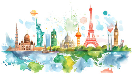 Watercolor illustration for World Tourism Day, September 27. Notable monuments of the world