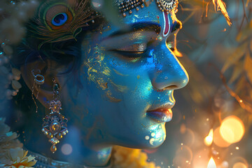 Krishna's radiant profile in a soft glow, janmashtami