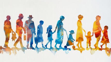 Obraz premium A watercolor banner depicting silhouettes of people of different ages. The concept of celebrating the day of family, care and mutual understanding of different generations 