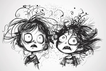 Monochrome Illustration of Children with Surprised Expressions
