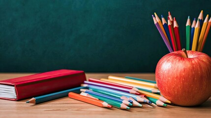 A red apple rests on stacked books next to a container of colored pencils, creating a vibrant study environment