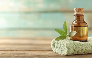 A tranquil scene featuring an essential oil bottle on a soft towel, perfect for wellness, spa, and relaxation themes.