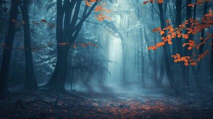 A serene, foggy forest with towering trees and vivid orange leaves creating a mystical atmosphere.