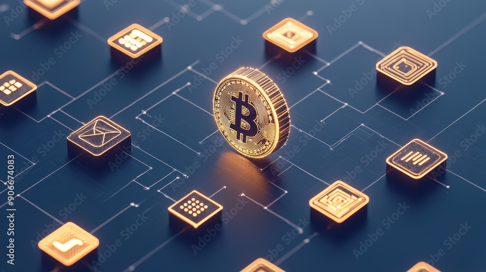 Poster digital interface with blockchain icons, representing the new economic framework.