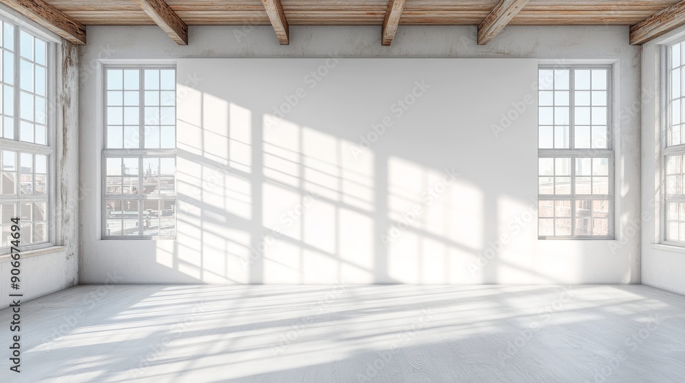 Aufkleber three-dimensional rendering of a blank wall in a bright office mockup with large windows and a shaft