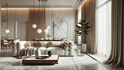 Elegant Minimalist Interior with Luxurious Materials and Soft Lighting