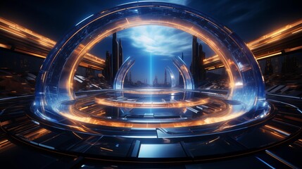 A large, circular room with a blue dome in the center