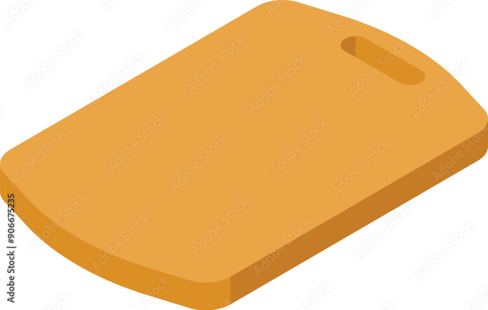 Poster empty wooden cutting board with rounded corners and hole in handle lying on white background