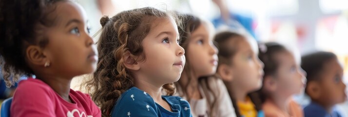 Young children in kindergarten or preschool attentively listening to a story from a children s book