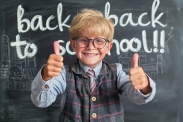 A schoolboy shows his thumbs up and smiles in front of a blackboard with writing on it