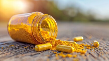 A vibrant turmeric capsule bottle spilled on a wooden table, showcasing natural health and wellness concepts in soft sunlight.