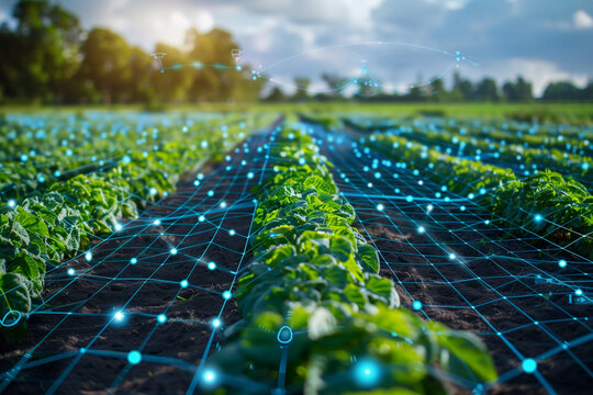 Smart farming with digital grid overlays that improve crop rows. Smart Agriculture Concept