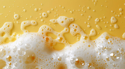 White soapy foam on a yellow surface close-up
