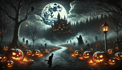 Spooky Halloween Scene with Haunted Castle and Jack-o'-Lantern Path