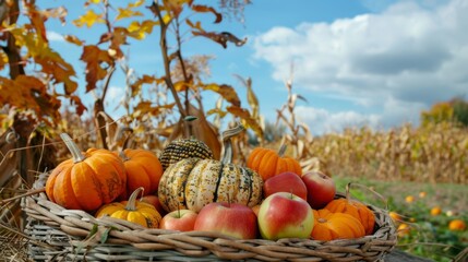 Thanksgiving Day.Basket Of Pumpkins, Apples And Corn On Harvest Table With Field Trees And Sky Background