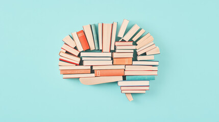 Illustration of a brain made of books and letters, International Literacy Day, highlighting intellectual development through reading.