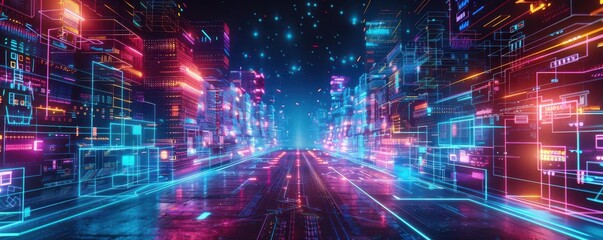 Fototapeta premium Abstract digital art featuring a virtual school campus, illuminated digital buildings, colorful holographic interfaces, surreal design, hightech environment, immersive atmosphere