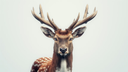 A deer with antlers is standing in front of a white background