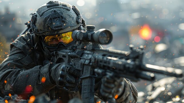 Infantry soldier shooting during military combat training. war, army, weapon, technology and people concept.