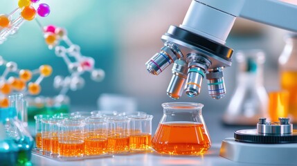 Biotechnology research, microscope and petri dishes