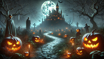 Haunted Castle at Night with Jack-o'-Lantern Path
