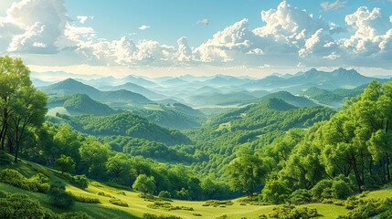 Landscape view of rolling hills covered in forest, demonstrating the successful implementation of sustainable forestry practices to preserve biodiversity. high resolution Illustration, in the style