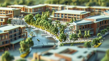 Fototapeta premium Generate a photo realistic image of a maquette depicting a commercial plaza with retail stores, cafes, and public squares; ensure the image is of high resolution for clear