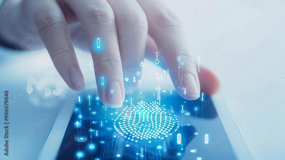 Poster businessperson using a secure app for identity verification in a corporate setting, identity verific