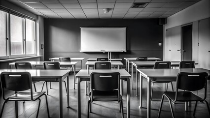 An empty classroom with modern desk and chairs. Modern class room interior
