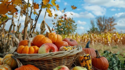 Thanksgiving Day.Basket Of Pumpkins, Apples And Corn On Harvest Table With Field Trees And Sky Background