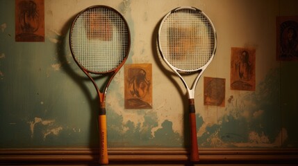 Close-up of vintage tennis rackets leaning against a wall