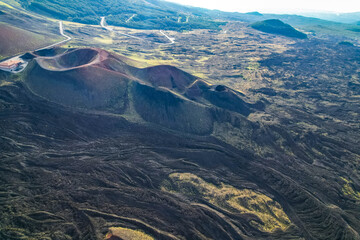 Aerial view of Etna Volcano crater  near Catania, Italy, Sicily.. Silvestri lava volcanic crater at...