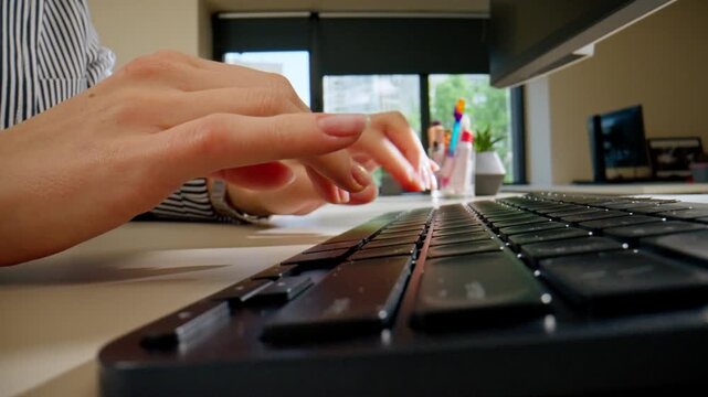 close-up female young hands pressing the esc buttons on the keyboard office device nude manicure professional keyboard