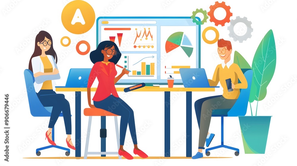 Poster teamwork and data analysis in a modern office setting