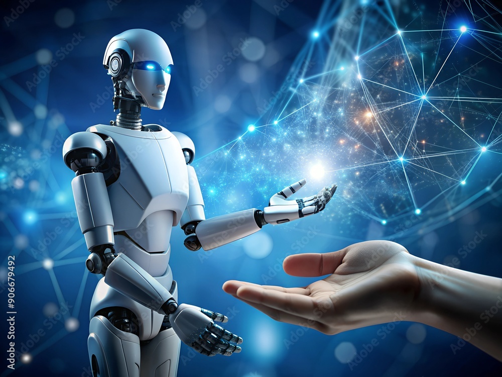 Fototapete robot humanoid on blurred background using digital network connection 3d rendering