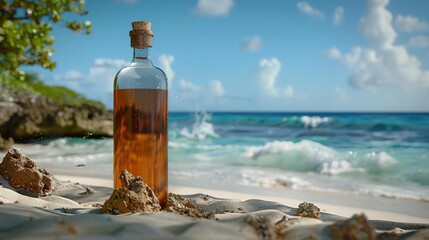 Obraz premium Glass Bottle on Sandy Beach with Ocean Background