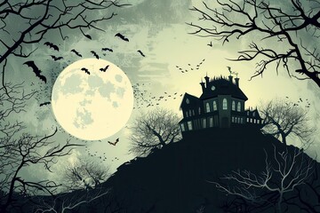 Fototapeta premium An old, spooky house on top of a hill with a full moon