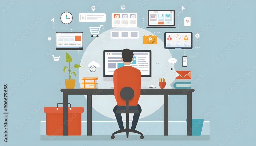 Aufkleber man working on computer surrounded by icons of online activities