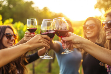 Friends toasting with wine glass and having fun on wine tasting party at sunset. Young people enjoying harvest time together at farmhouse vineyard countryside - Youth and friendship concept