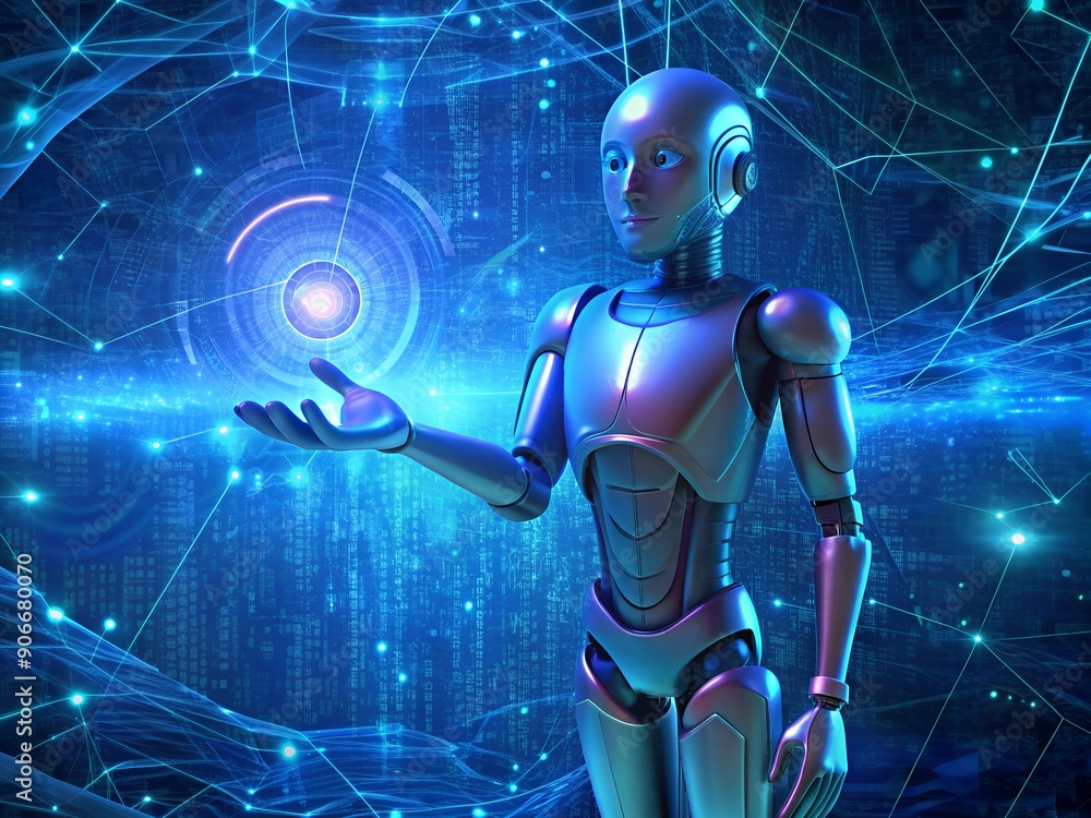 Aufkleber robot humanoid on blurred background using global network sphere 3d rendering
